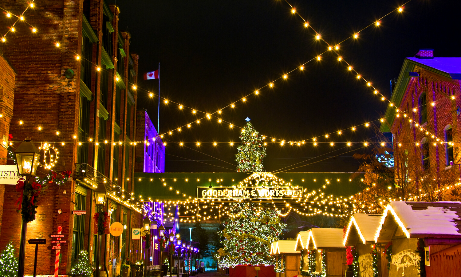 A picture of Toronto Christmas markets as you enter. You can see the iconic 'Gooderham and Worts' sign and a variety of Victorian industrial architecture. 