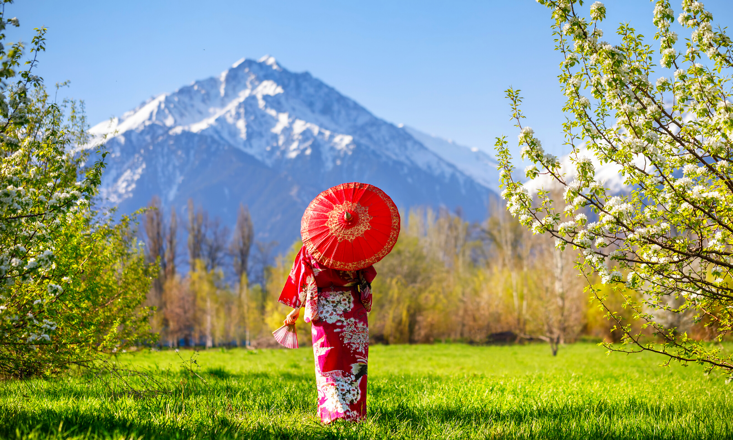 Woman with umbrella in Chinese countryside