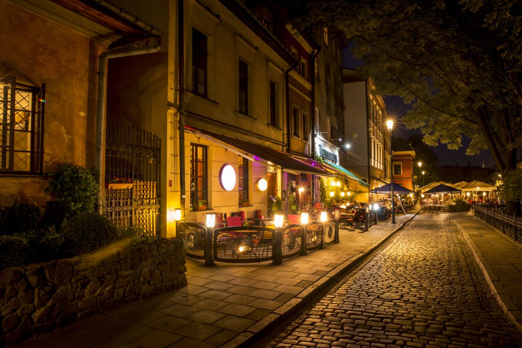 Kazimierz district in Krakow at night, Poland